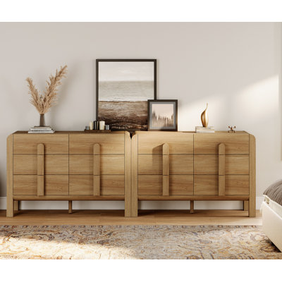 Mid Century Modern 6 Drawer Dresser Set Of 2, 47.2" Chest Of Drawers With Storage, Curved Profile Wood Double Dresser For Bedroom, Living Room, Hallway