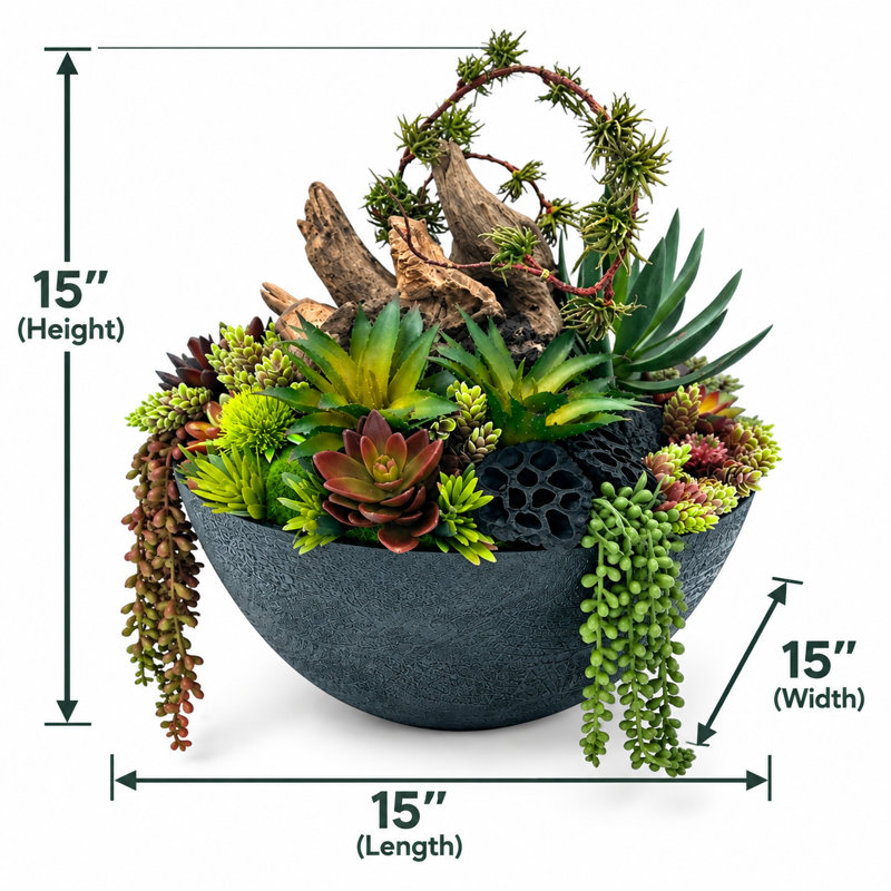 Midnight Forest Faux Succulent Arrangement | Rustic Modern Wood Vase Centerpiece