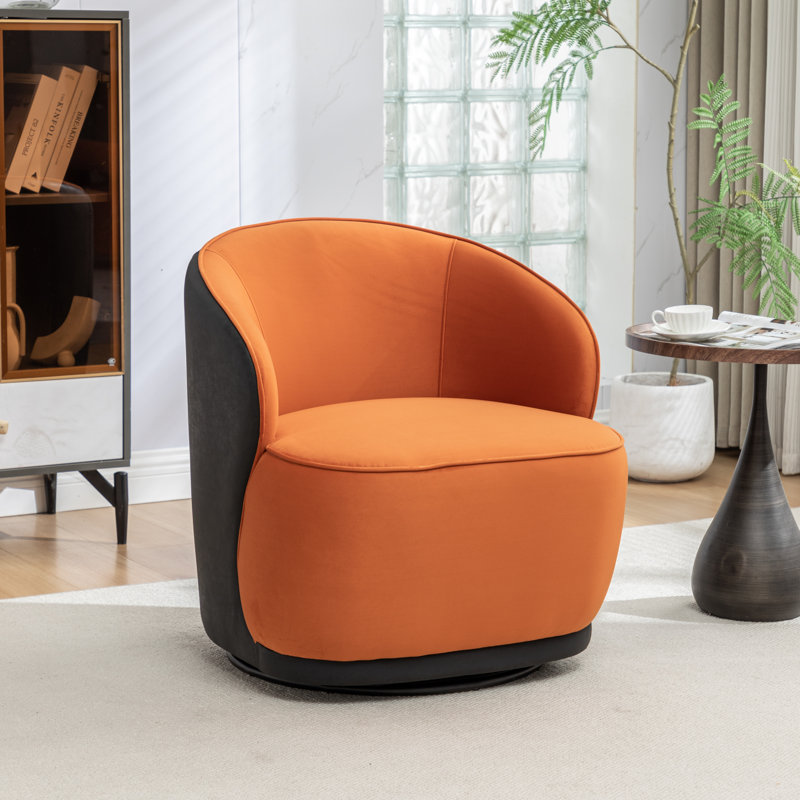 Fauteuil demi-tonneau pivotant en velours Stith, Velours noir / orange