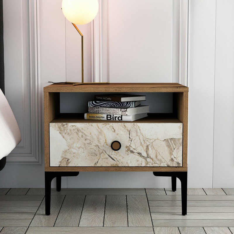 Aliyanah 56cm W Manufactured Wood Bedside Table, Walnut/White Marble