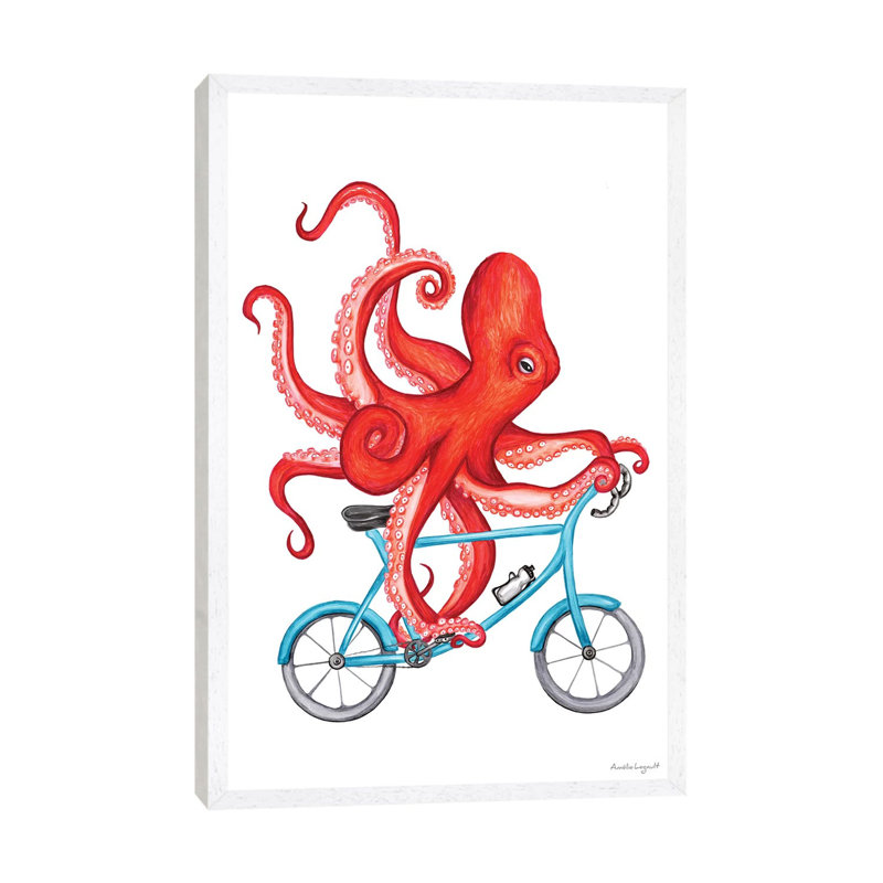 Octopus On Bike by Amélie Legault - Painting on Canvas, White Floater Framed, 66.04cm H x 45.72cm W x 3.81cm D