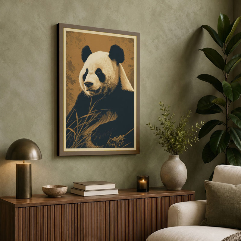 Panda Portrait Japandi 1 Piece Wrapped Canvas Wall Art, 30x20 - 76.2 x 50.8 cm, Teal Border