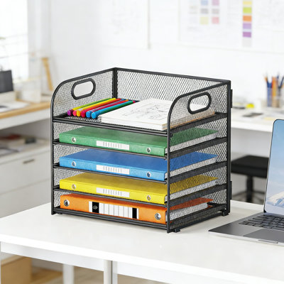 2 Pack 5-Tier Mesh Desk Organizer With Handles, Sliding Paper Tray Sorter For Files, Folders, Books And Office Supplies, Easy Assembly Metal File Holder For Home, Office Or School