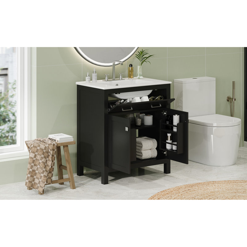Meuble-lavabo de 76 cm avec lavabo en céramique, armoire noire moderne, 2 portes et étagère en forme de U pour un rangement optimal, espace optimisé