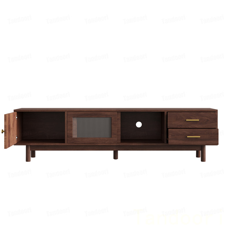 Meuble télé moderne pour téléviseur de 80 po, centre de divertissement avec portes coulissantes en verre et 2 tiroirs, meuble télé avec rangement, chambre à coucher
