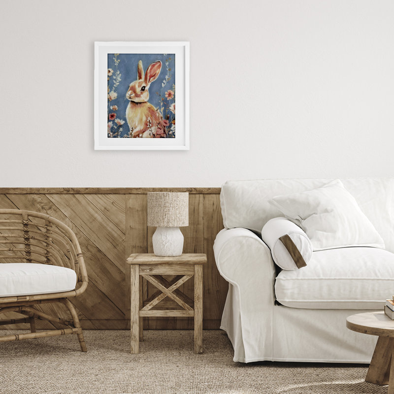 «Whimsical Rabbit on Blue», reproduction d'art sous verre, design par Sara Culpepper, Cadre blanc côtier, H 16 po x l 13 po