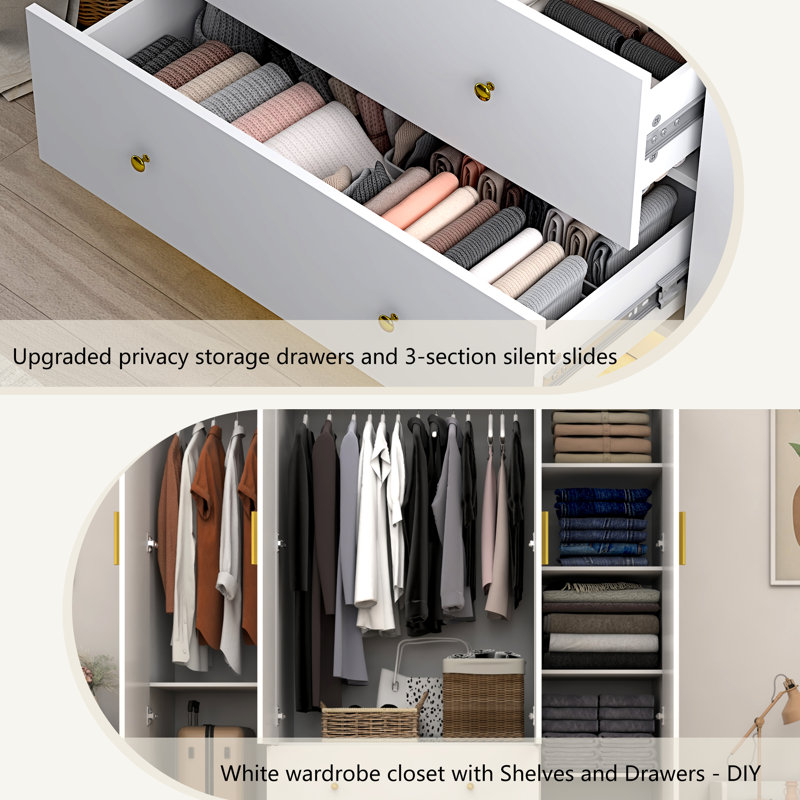 White 4-Door Wooden Wardrobe Closet with Mirrors and LED Lights