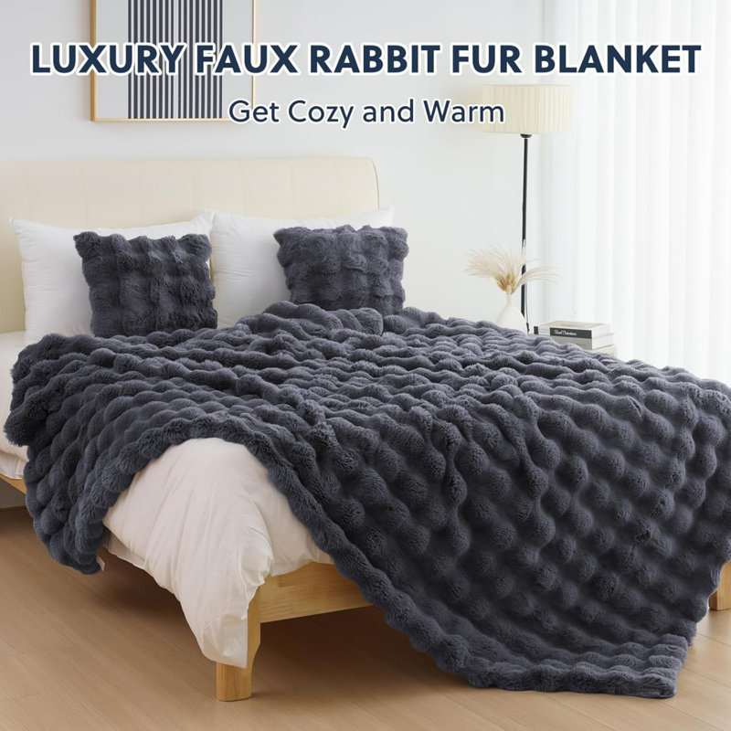 Cozy Warm Luxury Faux Fur Rabbit Throw Blanket, Knitted Soft Thick Furry Cute Plush Reversible Blanket for Sofa, Living Room, Bedroom - Suitable for Winter & Spring & Holiday Gift Ideas