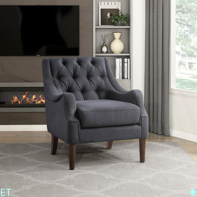 Chaise d'appoint avec capitonnage à boutons et tissu d'ameublement de salon moderne, Gris foncé