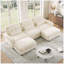 Canapé d'angle modulaire 3 places en chenille beige, en forme de U, avec deux poufs et bordure à volants.-2043942510-2043942511