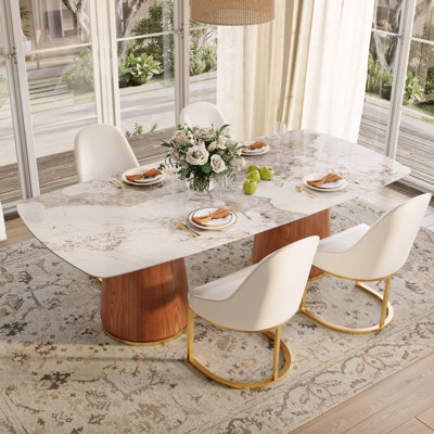 93.7" Modern Rectangular Sintered Stone Dining Table Set With Double Barrel Accent Pedestal
