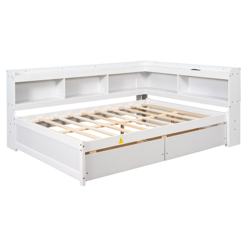 Lit double en forme de L avec bibliothèques et prises USB, Blanc