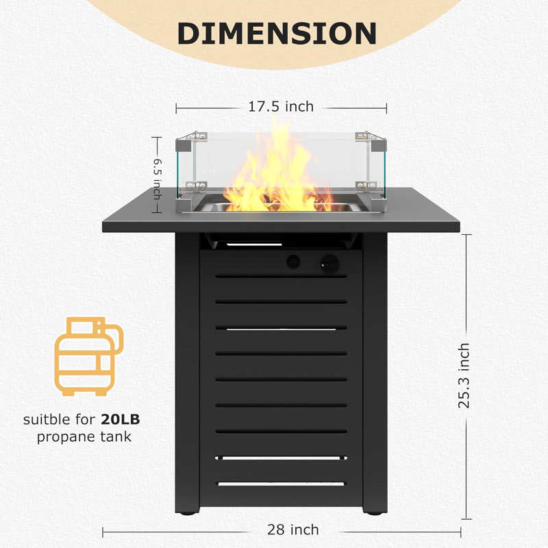 28'' Propane Fire Pit Table, 50,000 BTU Steel Gas Firepit for Outdoor Patio Deck and Garden, CSA Certified Fire Pit with Lid, Waterproof Cover, Glass Wind Guard and Lava Rock, Black