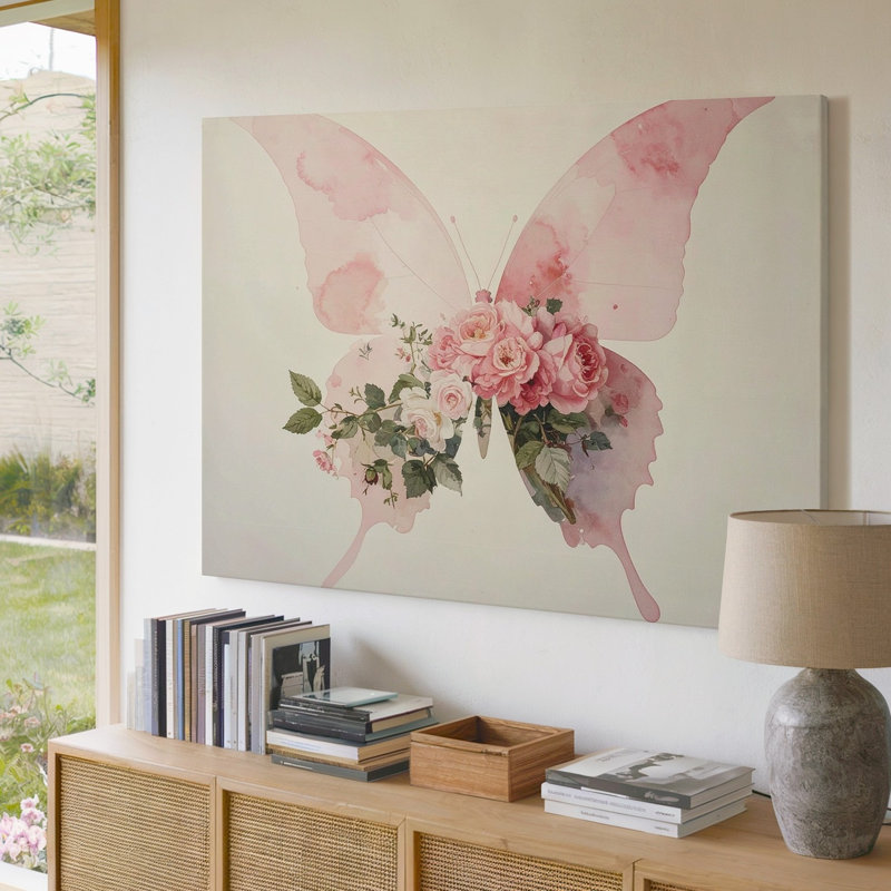 Toile, art mural, composition minimaliste montrant la silhouette d'un papillon rose avec une qualité moderne prête à être accrochée