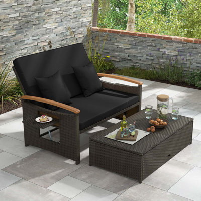 Patio Rattan Daybed Set With Cushioned Loveseat & Storage Ottoman For Porch by Ebern Designs