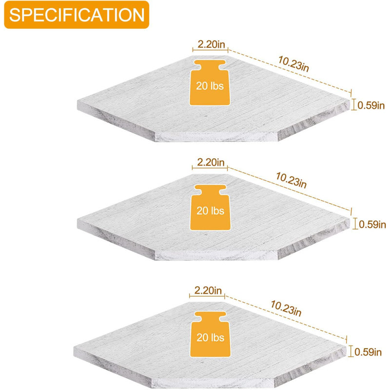 Tablette d'angle 3 pièces Hecket, Blanc, H 0,59 po x l 10,23 po x P 10,23 po
