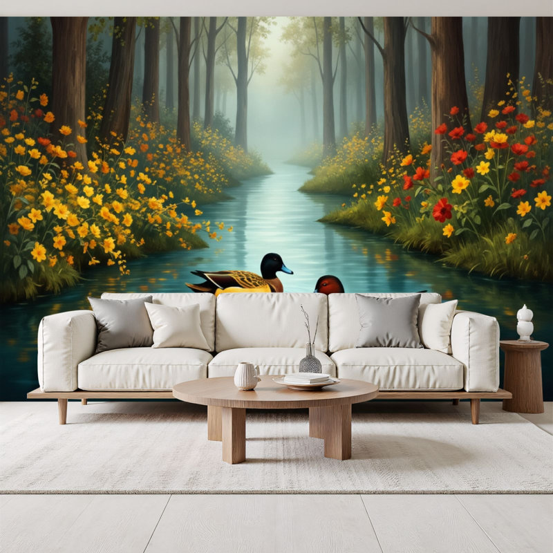 Papier peint adhésif pelucheux Serene Forest Pond, L 96 po x l 69 po