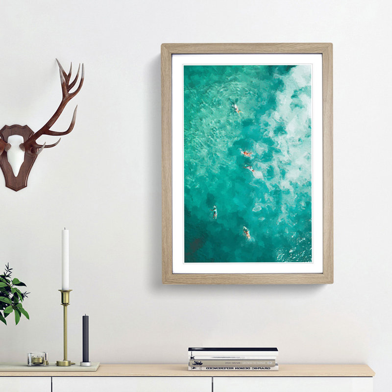 Surfers in Bondi Beach in Australia - Picture Frame Graphic Art Print, 36cm H x 27cm W x 2cm D, Oak Framed