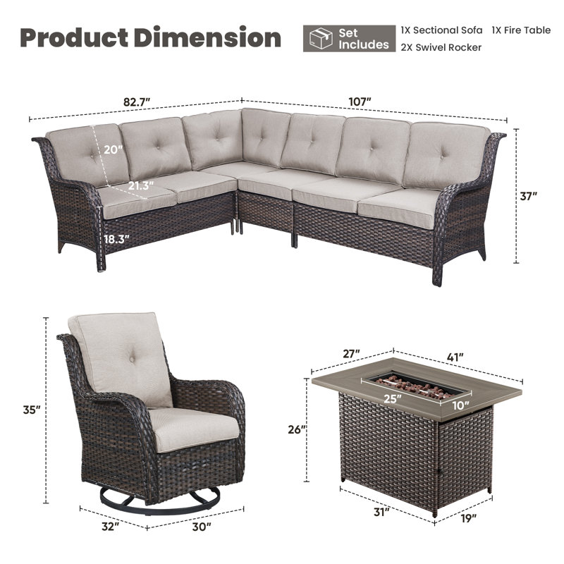 Dahlyla 8- Person Outdoor PE Wicker Sectional Seating Group with Fire Pit Table and Cushions, Beige, Brown