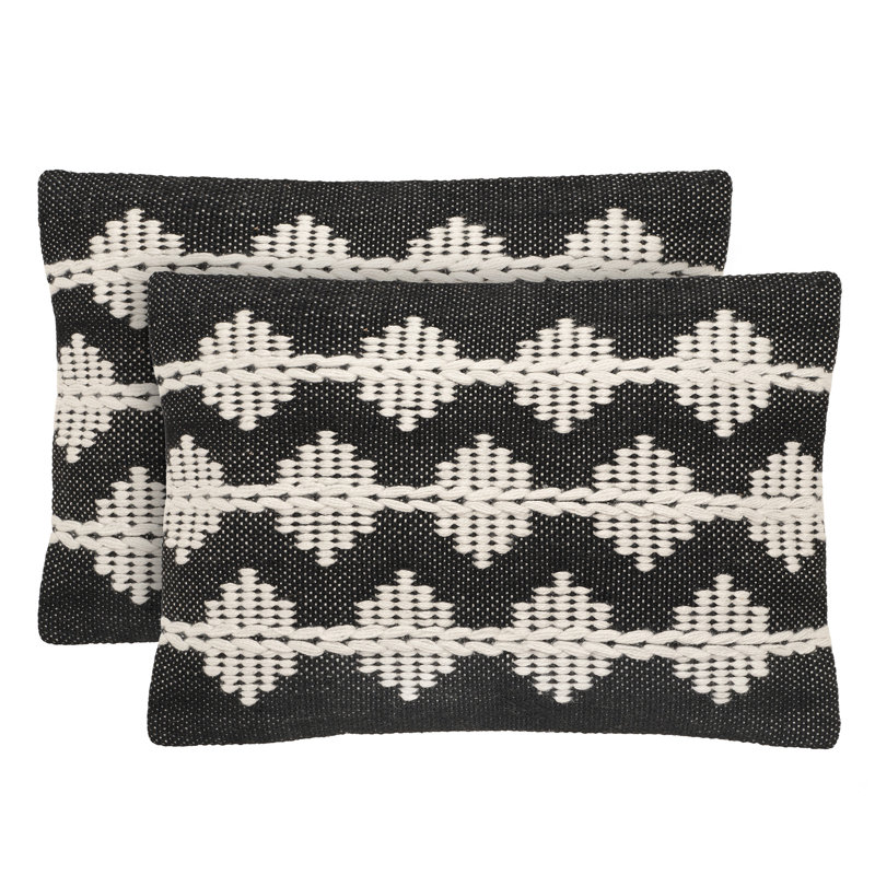 Ensemble de 2 housses de coussin lombaire 14 po x 20 po - Coussin lombaire extérieur en polyester tissé à losanges noir et blanc - 2 housses