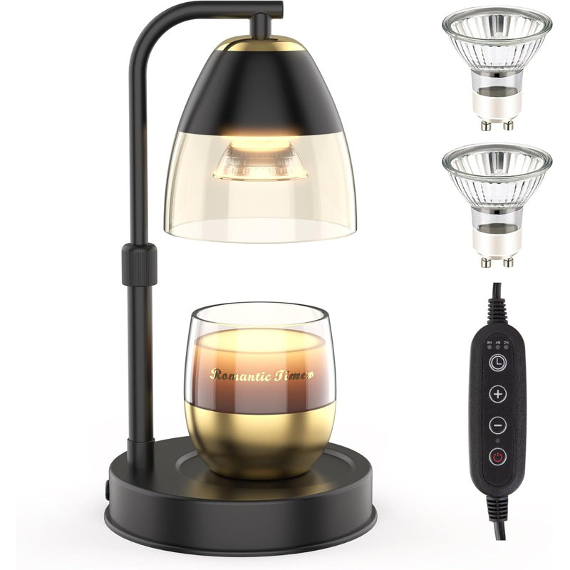  Lampe bougie chauffe-bougie avec minuterie, gradateur et chauffe-bougie électrique à hauteur réglable pour bougies parfumées en pot, 2 ampoules, noir rétro