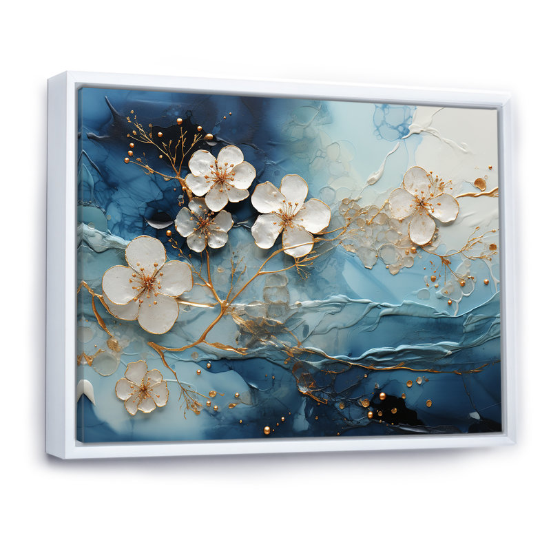 Encre liquide blanche et bleue II - Fleurs, art mural, Cadre flottant blanc, H 30 po x l 40 po x P 1,5 po