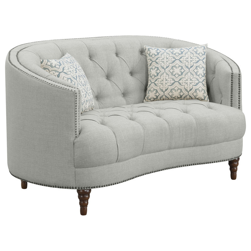 Gray Tufted Microfiber Loveseat with Nailhead Trim