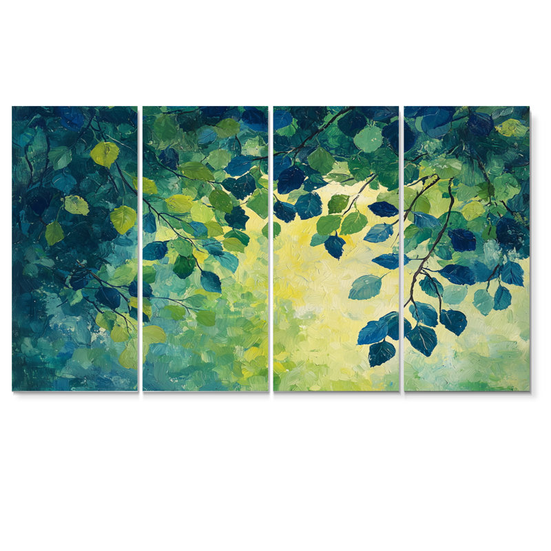 Feuilles vertes et bleues Foret Tranquility I - and - Art mural traditionnel pour le salon, H 32 po x l 64 po, 4