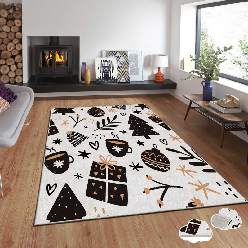 Tapis rectangulaire tissé à la machine en polyester noir / blanc / brun Brooten, Rectangle 5 pi 11 po x 9 pi 2 po