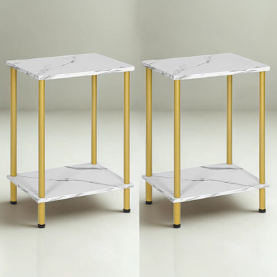 End Tables Set of 2, Small Side Table with 2-Tier Storage Shelves, Nightstand for Living Room Bedroom, Sturdy Metal Frame, Easy Assembly, Marble Finish