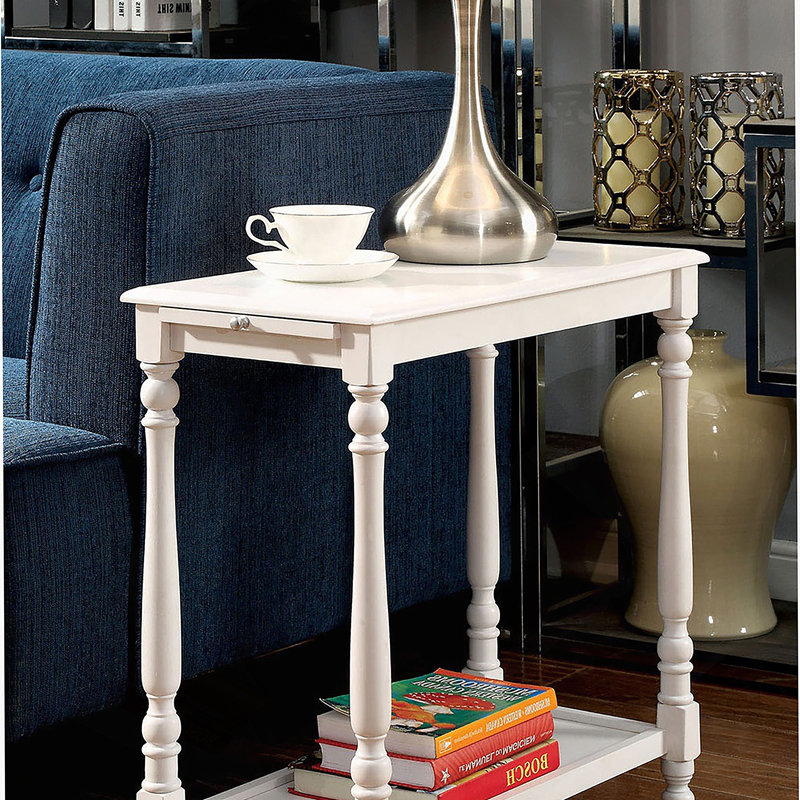 Table d'appoint transitionnelle blanche 1pc avec tablette ouverte cachée et pieds tournés