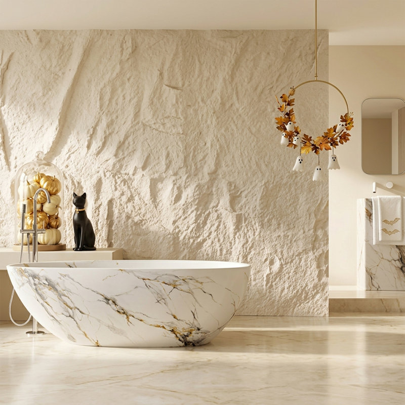 67" Ink Spread With Gold Veining Freestanding Solid Surface Bathtub