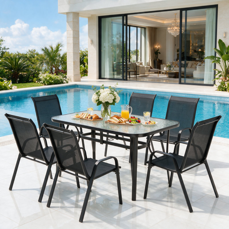 Chaises de patio empilables, tissu Textilène durable avec accoudoirs, cadre en métal robuste, chaises de salle à manger d'extérieur ergonomiques à séchage rapide pour la cour arrière et le bord de la piscine (noir, 6 pièces)
