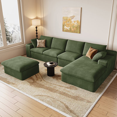 Canapé modulaire en forme de U de 136 po avec méridienne en forme de U, canapé sans dossier en velours côtelé avec repose-pieds, canapé en mousse à mémoire de forme dans une boîte avec siège profond pour le salon, aucun assemblage requis (vert, méridienne)