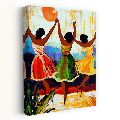 «Joyful Dancing Women», art abstrait coloré et coloré, paysage d'été