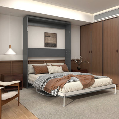 Lit escamotable escamotable Queen vertical avec bureau intégré, gain de place, idéal pour adulte ou chambre d'amis, gris