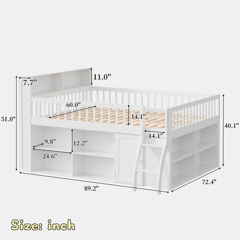 Lit mezzanine peu encombrant avec tablettes de rangement, tête de lit avec lumière DEL, Lit double, Blanc