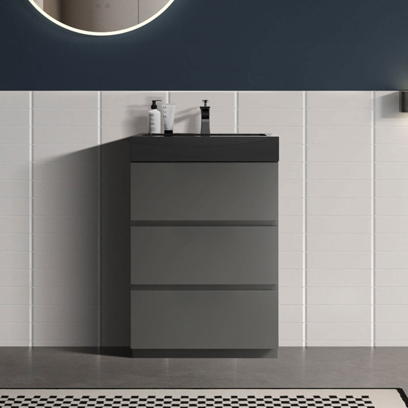 Meuble-lavabo sur pied simple Deandrick, Gris espace, Noir mat, 24"