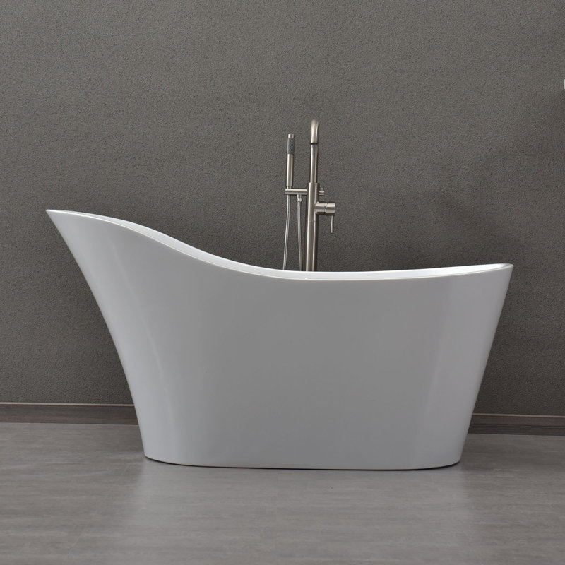 59" x 28" Freestanding Soaking Acrylic Bathtub with Reversible Drain, White/Brushed Nickel