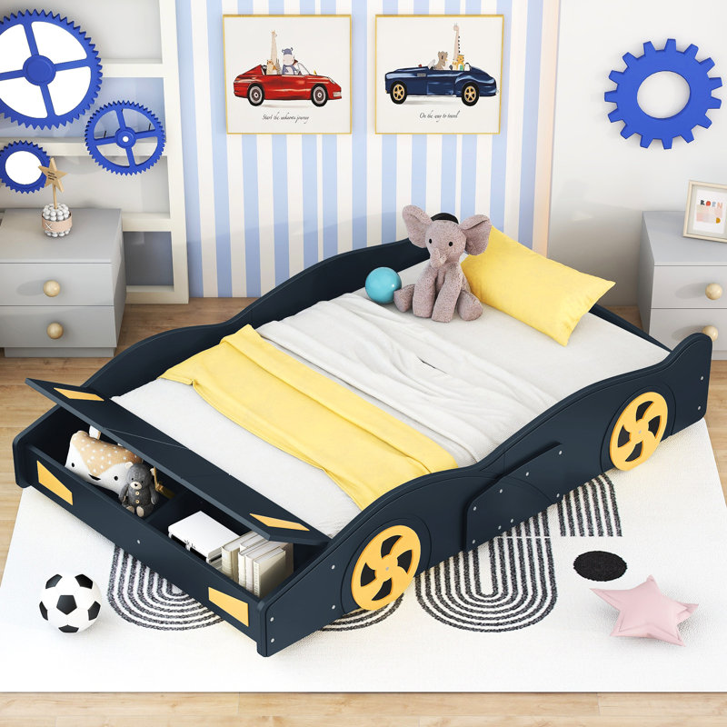 Lit double en forme de voiture de course avec rangement - bleu foncé + bois de pin jaune pour le confort de la chambre à coucher