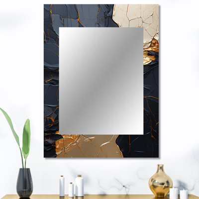 Minimalisme chrome doré et poteries noires II - miroir spirales abstraites, miroir mural doré unique, art imprimé en métal