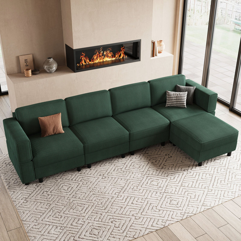 Upholstered Modular Sofa Sectional With Ottoman, Green Corduroy