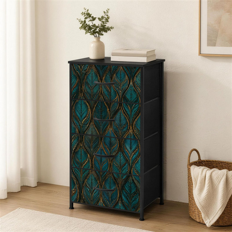 Commode à 4 tiroirs pour chambre à coucher sans couture Feuille sarcelle foncé Tons dorés Conception élégante petite grande commode à vêtements pour organisateurs de placard avec commode