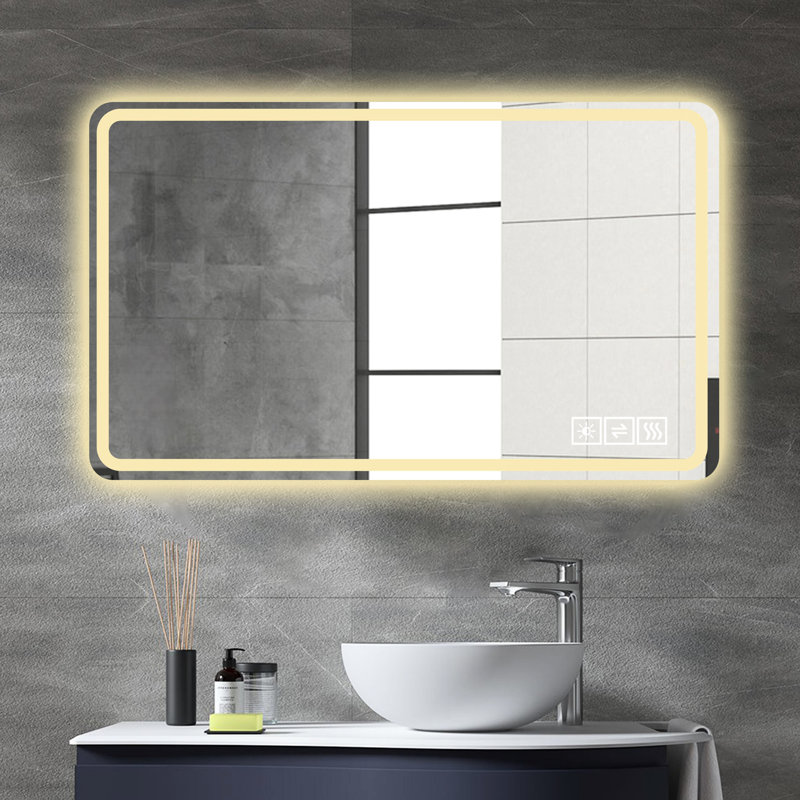 Miroir de salle de bain à DEL. Brouillard, structure. Fixé au mur avec lumières. Cuivre 5 mm - miroir argent. Gradation en 3 couleurs. -Résistant. Vue précise. Corrosion. Support flexible. Meuble-lavabo moderne. . Transparent