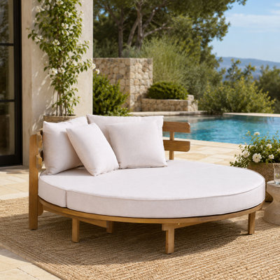 Outdoor Patio Daybed Acacia Wood Round Daybed with Cushions and Pillows
