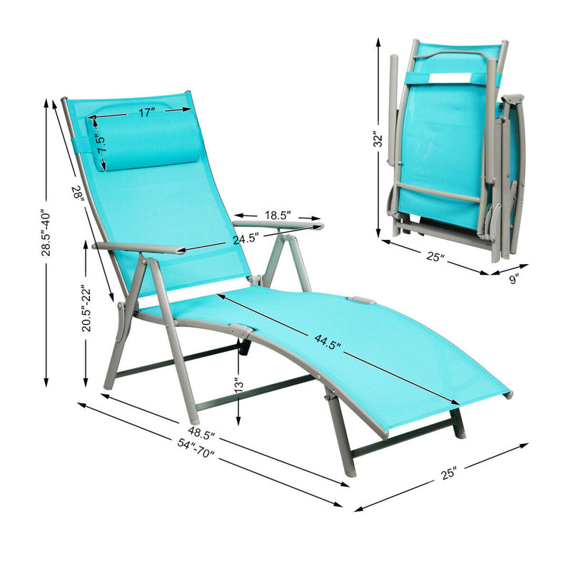 Chaise longue inclinable 70 po avec coussins Vaiga, Turquoise, Gris pale, Turquoise