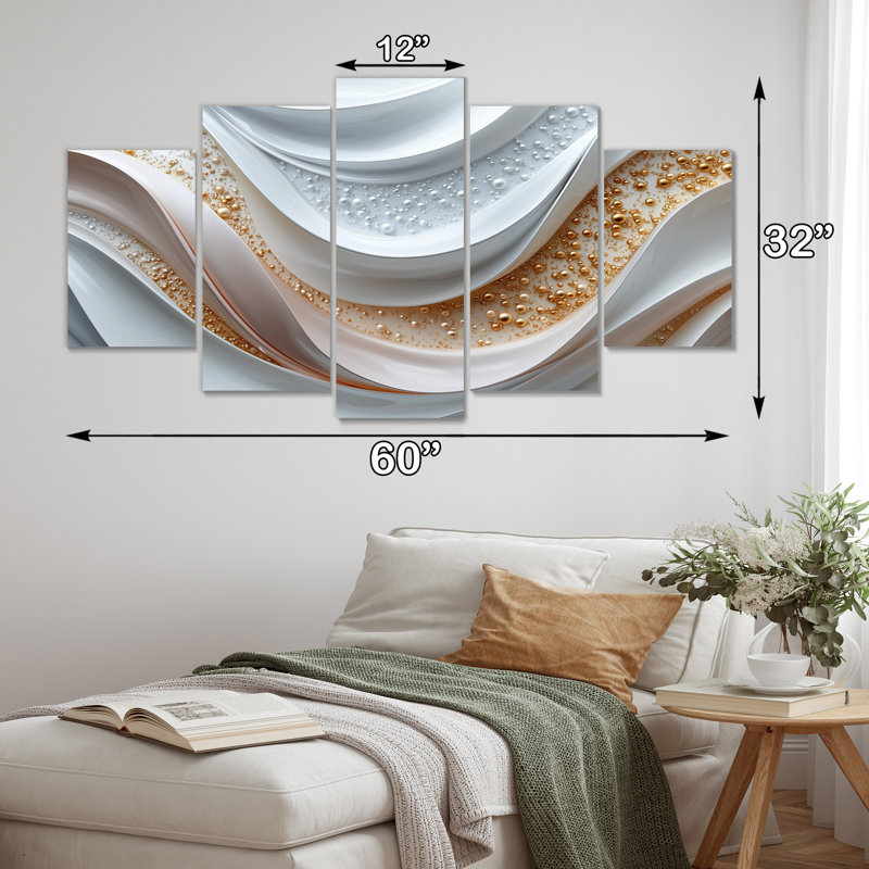 «White and Gold Fractal Marble Waves III - Abstract Spirals», ensemble d'art sur toile