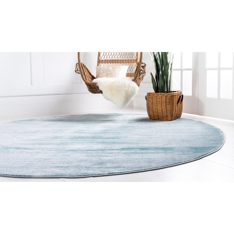 Tapis uni / rayé de couleur turquoise-ivoire Adelgunde, Carré 7 pi 10 po