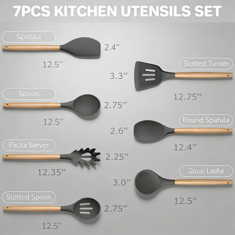 Ensemble d'ustensiles de cuisine en silicone 7 pièces avec poignées en bois, outils de cuisine résistants à la chaleur et anti-rayures pour mélanger, tourner, cuire et servir