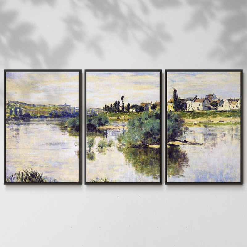 La seine à Lavacourt, 1878 3 pièces, Noir, H 24 po x l 48 po x P 2 po